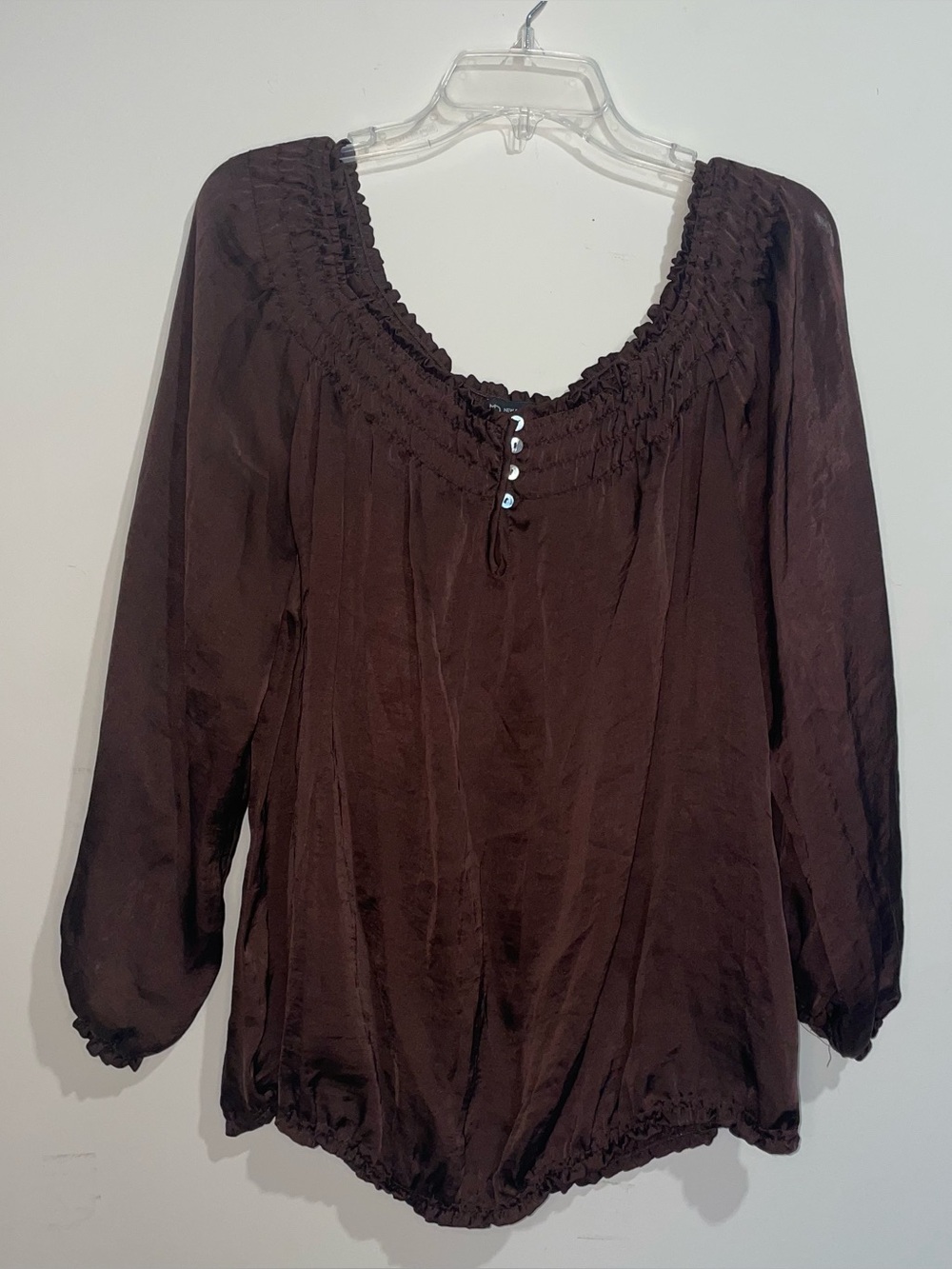 New Directions Brown Iridescent Button L Peasant Top Lightweight Flowy
